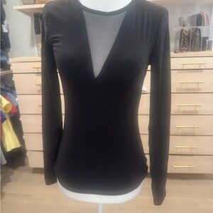 White House Black Market Black Long-Sleeve V-Neck Mesh Inset Top